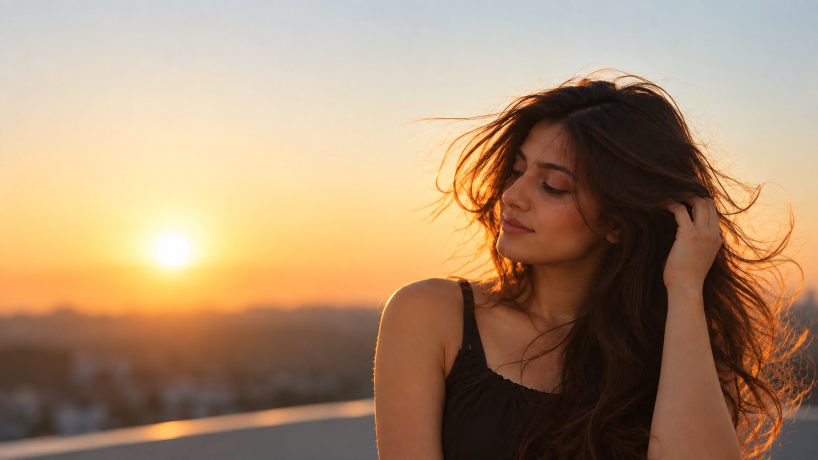 Woman with windswept hair at sunset